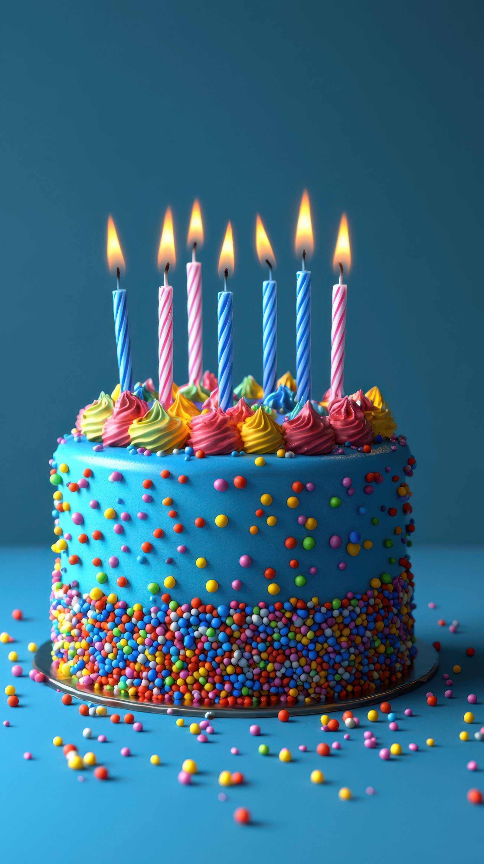 Brightly decorated birthday cake with colorful sprinkles and lit candles against a blue background